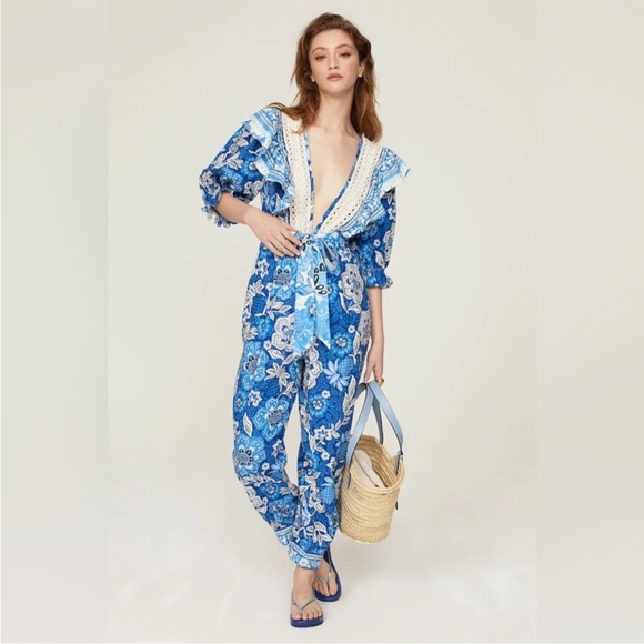 FARM Rio Full of Flowers Floral Jumpsuit Blue White Crochet Trim V Neck Boho - Picture 2 of 15